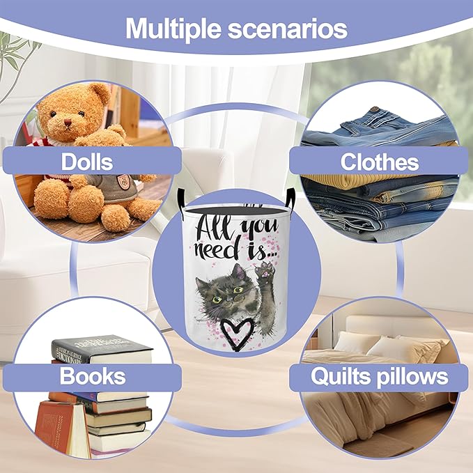 Cute Cat Laundry Basket, All You Need is an Oxford Cloth Laundry Hamper With Handle, Foldable Portable Clothes Storage Basket Storage Bag For Laundry Room/Bathroom/Bedroom/Dormitories