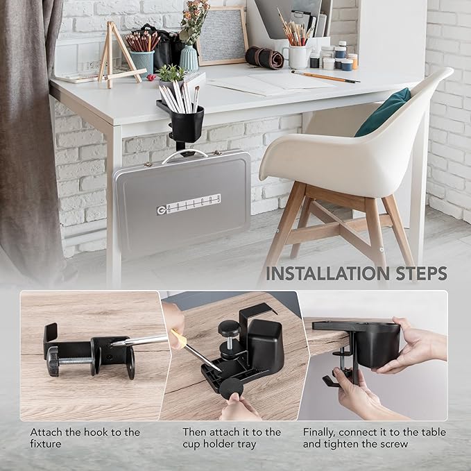 EHO Clamp-On Desk Pen and Cup Holder, 3-in-1 Stationery Organizer with Pencil and Accessory Storage, Reversible Hanging Hook, Space-Saving Desk Clamp Organizer, TAA-Compliant