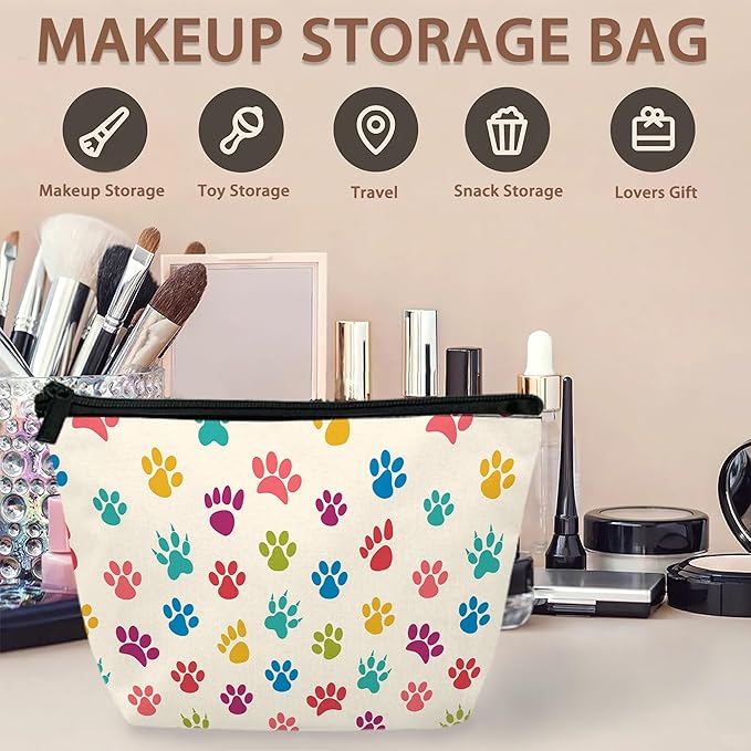 Cats Dogs Paws Print Cosmetic Bag Colorful Pet Makeup Bags,Travel Make up Bags for Women Girls Cute Zipper Pouch Toiletry Organizer Bag Travel Essentials