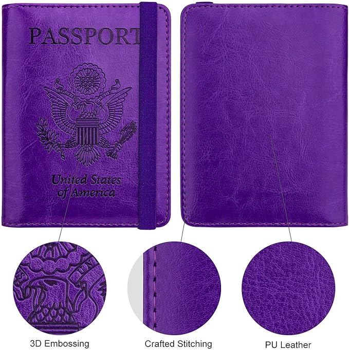 WALNEW Passport Holder for Travel, RFID Passport Cover Wallet for Women Men, PU Leather Passport Book Card Holder Case with Pen (Elastic Band Closure, A-Purple)