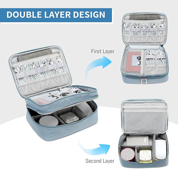 Lanola Travel Cable Organizer Bag, Electronic Accessories Case Portable Double Layer Cable Storage Bag for Cord, Phone, Charger, Flash Drive, SD Card, Phone, Power Bank, Personal Items - Grey