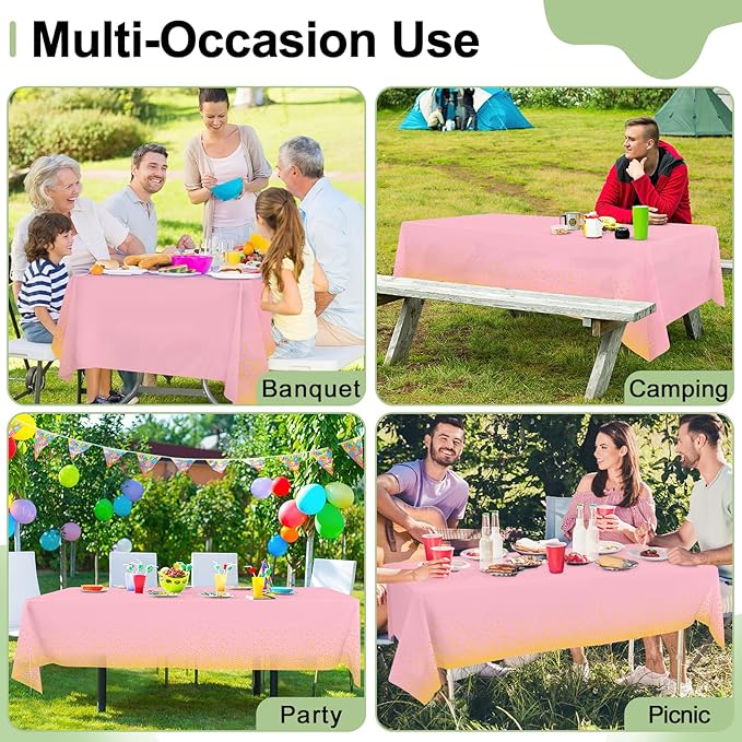 misaya 3 Packs Dot Disposable Table Cloth, 54 x 108 Inch Waterproof Plastic Tablecloth, Rectangle Gold Dots in Pink Table Covers for Mother's Day, Picnic, Birthday, Party