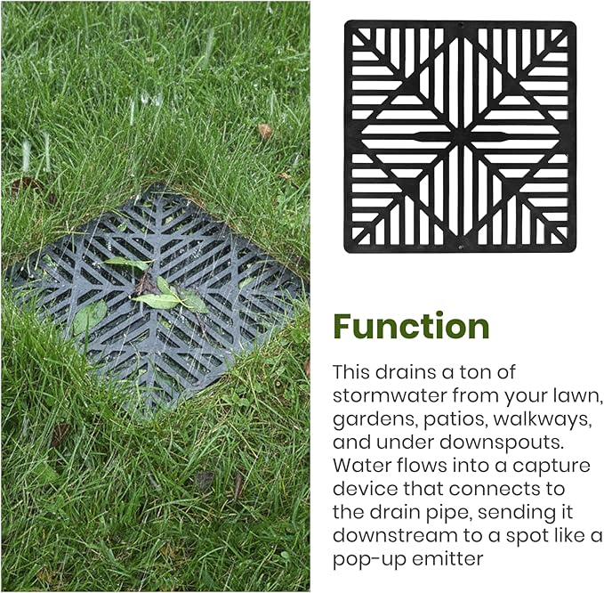 Calvana 2 Pack 12 Inch Catch Basin Drain Grate, Fiberglass Reinforced Polyethylene Square Drain Cover for Yard Patio Driveway Drainage, Black