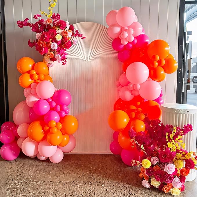 Pink Orange Balloon Garland Arch Kit, 120Pcs 18/12/10/5 Inch Hot Pink Orange Metallic Gold Latex Balloons with Star Foil for Birthday Summer Tropical Wedding Party Decorations