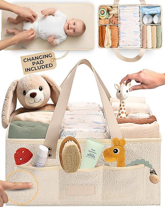 Baby Diaper Caddy Organizer with Portable Changing Mat - Teddy Fleece Diaper Organizer for Changing Table - Basket for Changing Essentials - Baby Essentials Organizer with Removable Dividers