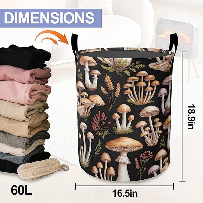 Vintage Mushrooms Laundry Basket, Ferns Oxford Cloth Laundry Hamper With Handle Foldable Portable Clothes Storage Basket Storage Bag For Laundry Room/Bathroom/Bedroom/Dormitories