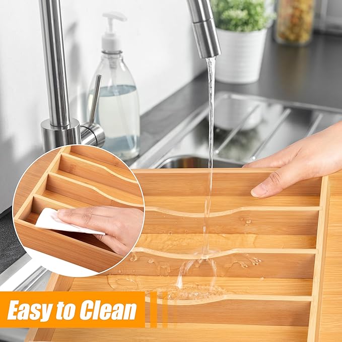 Bellsal Bamboo Silverware Drawer Organizer, Kitchen Utensil Drawer Organizers, 12"x15.7" Utensils Holder Cutlery Tray with Grooved Drawer Dividers for Kitchen Flatware Bedroom Office (7 Slot, Natural)