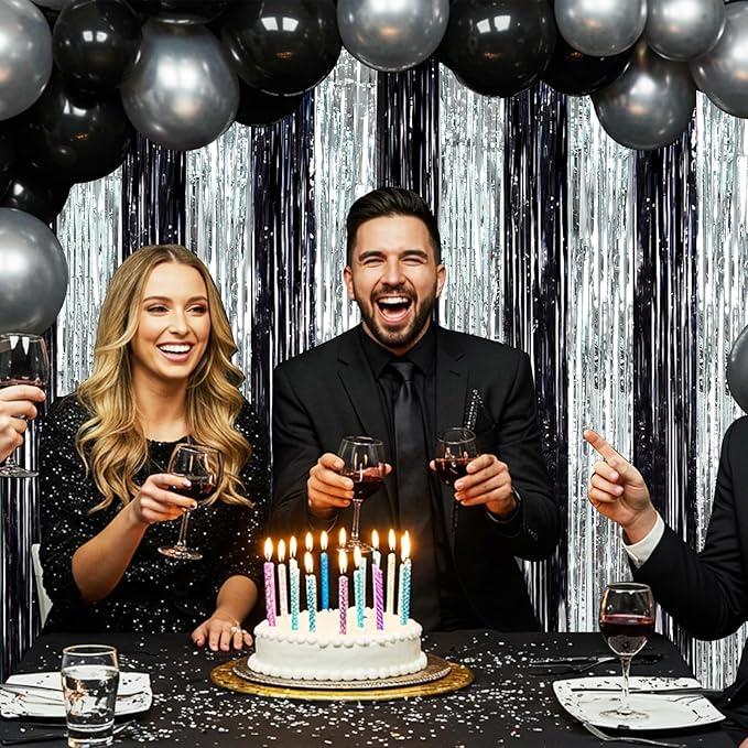 BEISHIDA 2Pcs Black Silver Door Streamers Congrats Grade 2025 Decoration Backdrop Foil Fringe Tinsel Party Streamers Curtains for Birthday Graduation Bachelorette Party Decorations (3.28 ft x 6.56 ft)