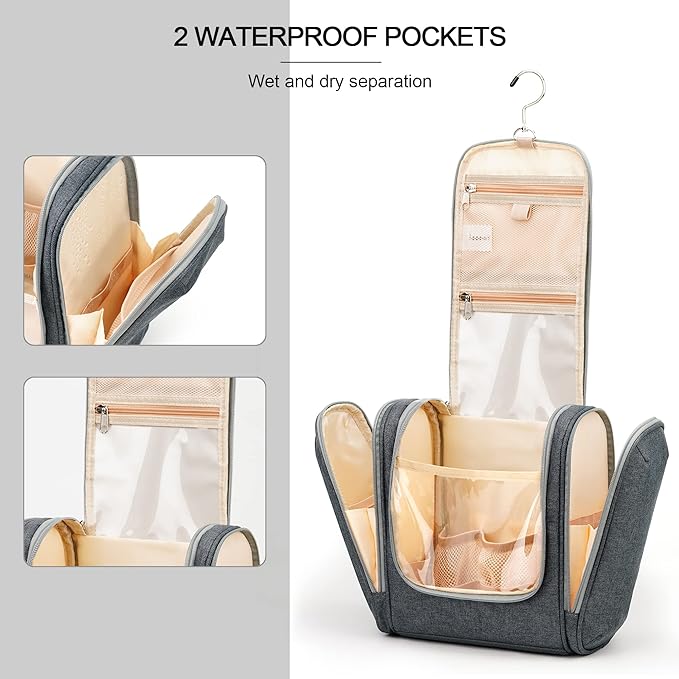 Hanging Toiletry Bag for Women & Men, Cruise Ship Travel Essentials, Holds Full-Size Shampoo, with Dry and Wet Separation Cosmetic Bag, Makeup Organizer Bag, Bathroom Water-Resistant Bag, Grey
