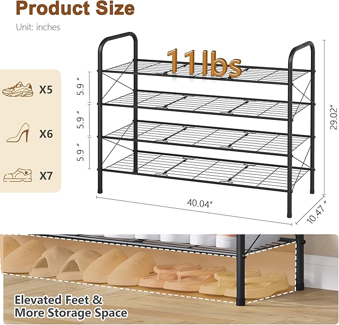 Hoctieon 4 Tier Mesh Style Shoe Rack, Entryway Shoe Shelf, Shoe Storage Organizer, Shoe Rack for Closet, Space Saver for Bathroom, Garage, Hallway, Bedroom, Living Room, Black