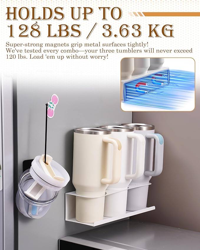 White 2 Pack Magnetic Cup Holder with Lid Holder (1PC) Fridge for 30 & 40 oz Tumbler - Strong Fridge Mount - Water Bottle Organizer for Metal- No Drill Cup Accessories for Car, Kitchen, Office