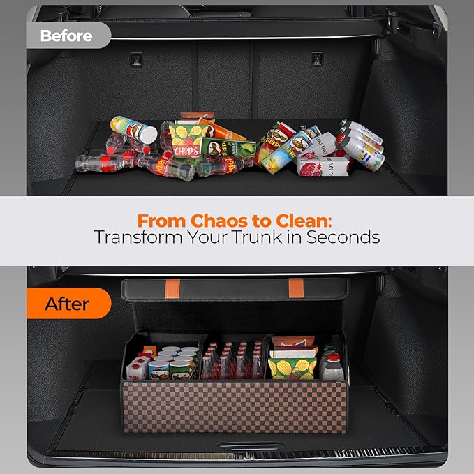 Fyzeoty Car Organizers and Storage - Trunk Organizer for SUV Car, Car Trunk Leather Storage Box, Extra Large, Magnetic Lid, Collapsible and Adjustable