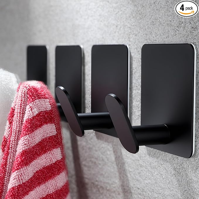 YIGII Adhesive Hooks, 4 Pack Black Towel Hooks for Bathroom and Kitchen, Waterproof Stainless Steel Wall Hook for Hanging Coat, Hat, Loofah