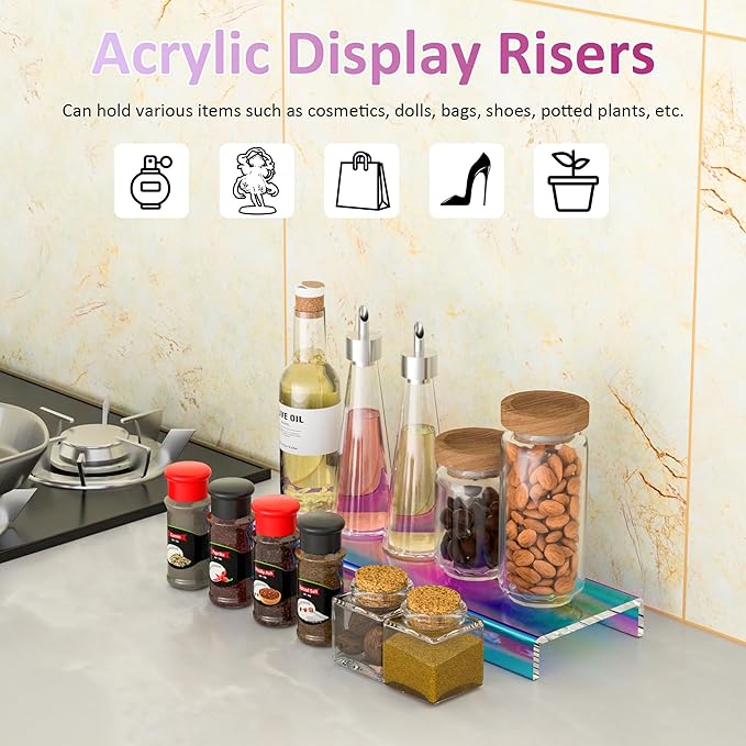 Acrylic Shelf Riser 12x3.9x1 pack of 2, Iridescent Display Shelf 12” for Shoes, Glasses, Plants, Home Decors, Perfume, 12x3.9x1 Inch