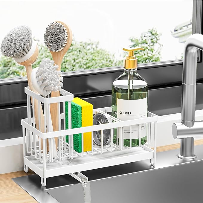 Cisily White Sponge Holder for Kitchen Sink, Sink Caddy Organizer with High Brush Holder, Kitchen Countertop Organizers and Storage Essentials, Rustproof 304 Stainless Steel, Soap Dispenser Organize