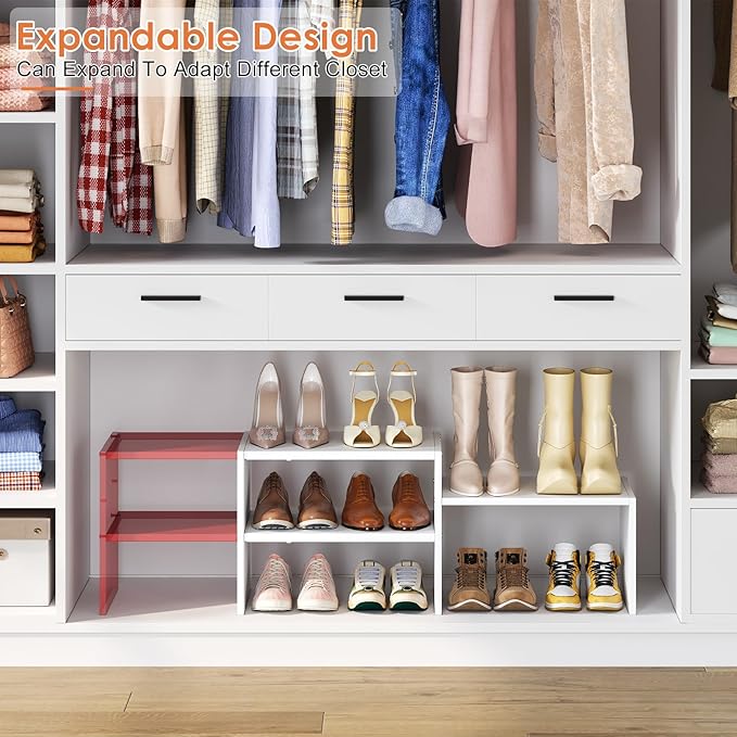 44.6 Inches Expandable White Shoe Rack Organizer for Closet,Adjustable Small Shoe Storage Shelves,Metal Wood Combination Shoe Shelf Stand Holder for Closets,Entryway,Front Door,Narrow Space,10-13 Pair