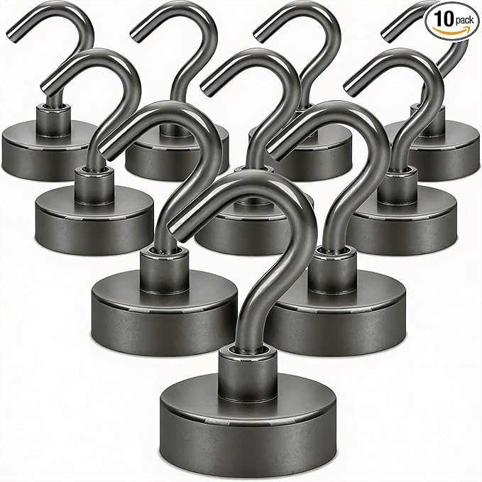 Neosmuk Magnetic Hooks, Heavy Duty 40lb+ Strong Magnet Hook for Cruise Cabins, Cruise Ship Essentials for Hanging, Metal Wall Refrigerator Hangers (Gunmetal, 10 Pack)