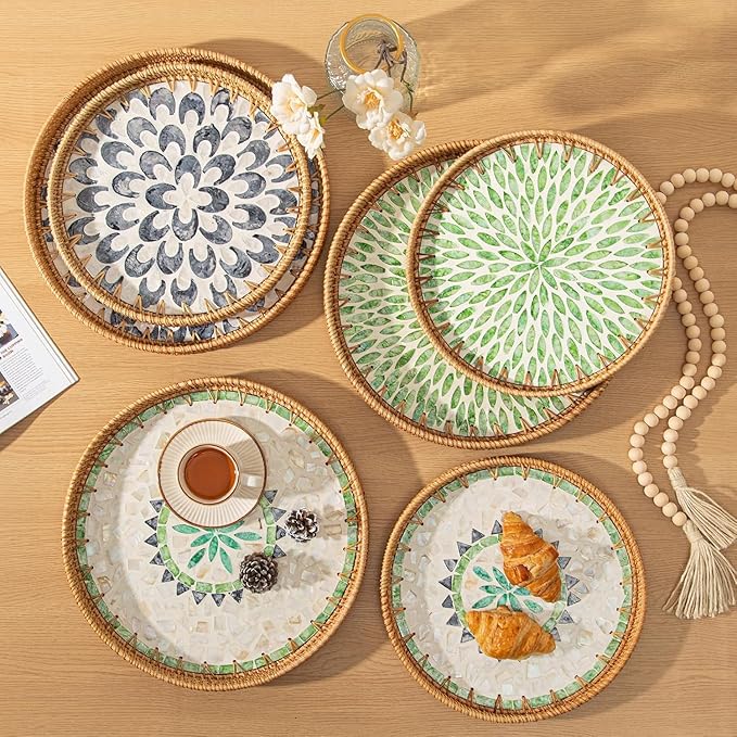 12" Large Rattan Serving Tray with Mother of Pearl, Decorative Coffee Table Trays for Home Decor, Large Wicker Woven Serving Tray Decor for Kitchen Counter,Living Room and Ottoman, Green