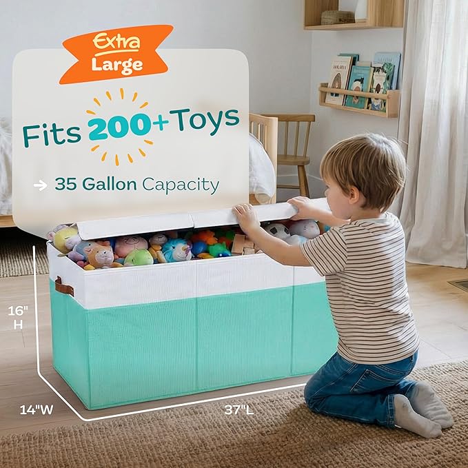 Extra Large Toy Storage Organizer with Lid - Sturdy, Collapsible Toy Chest Storage Box Design - Toys Bin with Dividers for Kids, Nursery, Bedroom, Playroom 37"x16"x14"