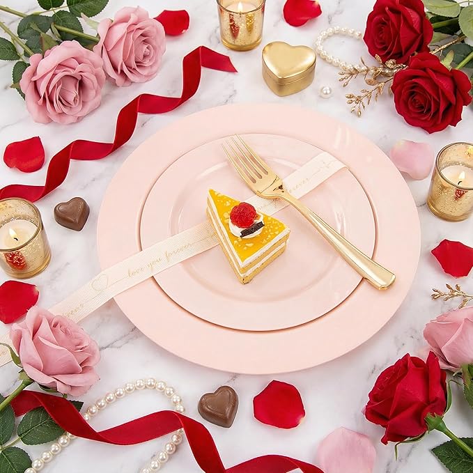 FLOWERCAT 60PCS Pink Plastic Plates - Heavy Duty Pink Plates Disposable for Easter Party&Valentine's Day/Wedding - serving 30 guests Include 30PCS 10.25inch & 30PCS 7.5inch