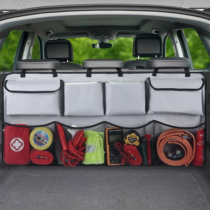 Car Backseat Hanging Trunk Organizer – Gray, 8 Large Storage Bags - Super Capacity Storage Solution for SUVs, Trucks, Vans, and Cars - Ultimate Car Organization for a Clutter-Free Space