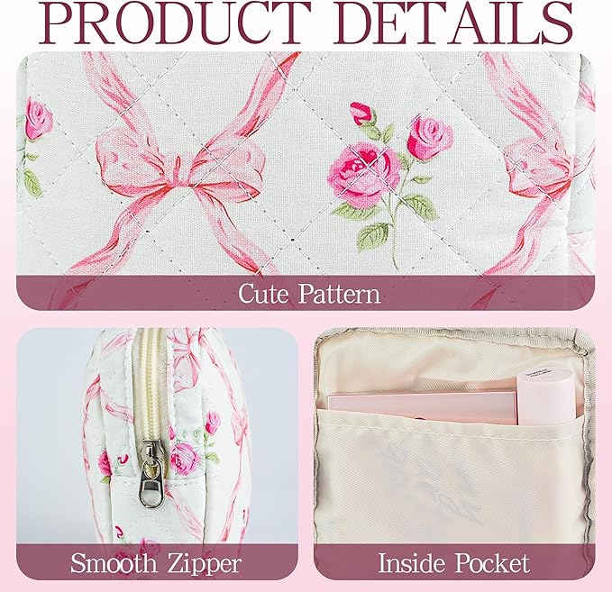Small Floral Quilted Makeup Bag, Coquette Aesthetic Travel Toiletry Organizer for Women, Lightweight Cotton Cosmetic Pouch