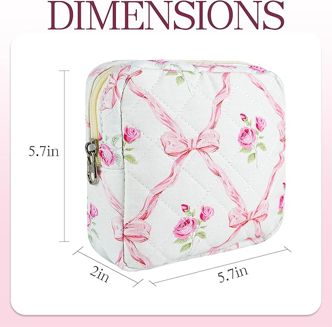 Small Floral Quilted Makeup Bag, Coquette Aesthetic Travel Toiletry Organizer for Women, Lightweight Cotton Cosmetic Pouch