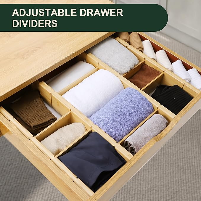 Utoplike 4 PCS Bamboo Kitchen Drawer Dividers with Inserts (Fits 15"-17.7" Drawer Inner Size), Adjustable Drawer Organizers for Socks, Spring Loaded, for Bedroom, Dresser, Bathroom