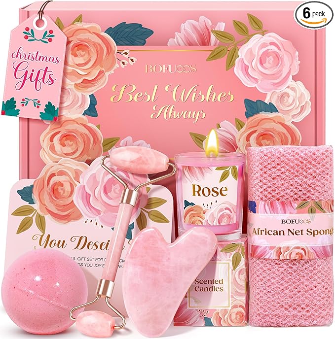 Gua Sha & Jade Roller Facial Tools Gifts Set - Self Care Spa & Bath Gift Baskets for Women, Christmas, White Elephant, Birthday, Valentines Day Gifts for Women, Her, Wife, Mom, Teen Girls