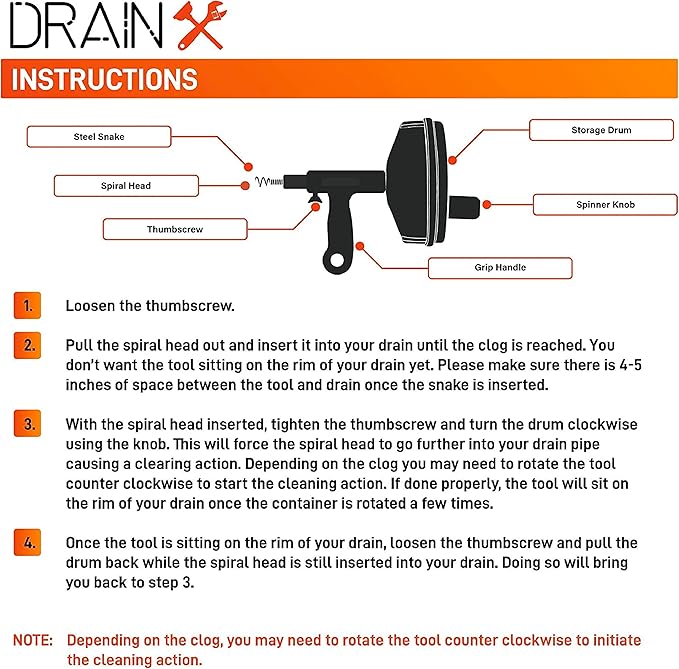 Drainx Pro 50-FT Heavy Duty Steel Drum Drain Auger Plumbing Snake with Work Gloves and Storage Bag