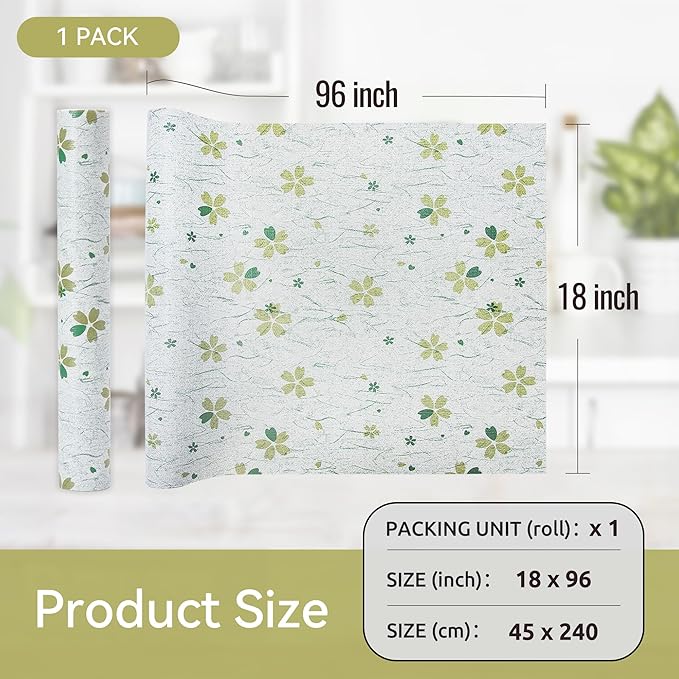 FIFTY FEET 18"x96" Non-Adhesive Shelf Liner for Kitchen Cabinets and Drawers, Washable Non-Slip PVC Cabinet Liner (Green Floral)(1 Roll)