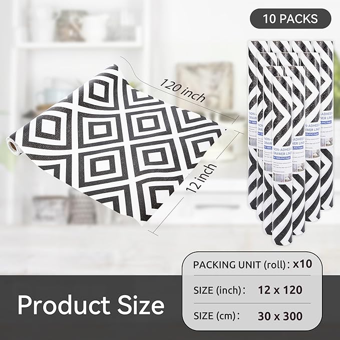 FIFTY FEET 12"x120" Non-Adhesive Shelf Liner for Kitchen Cabinets and Drawers, Washable Non-Slip PVC Cabinet Liner (Black Plaid)(9 Roll)