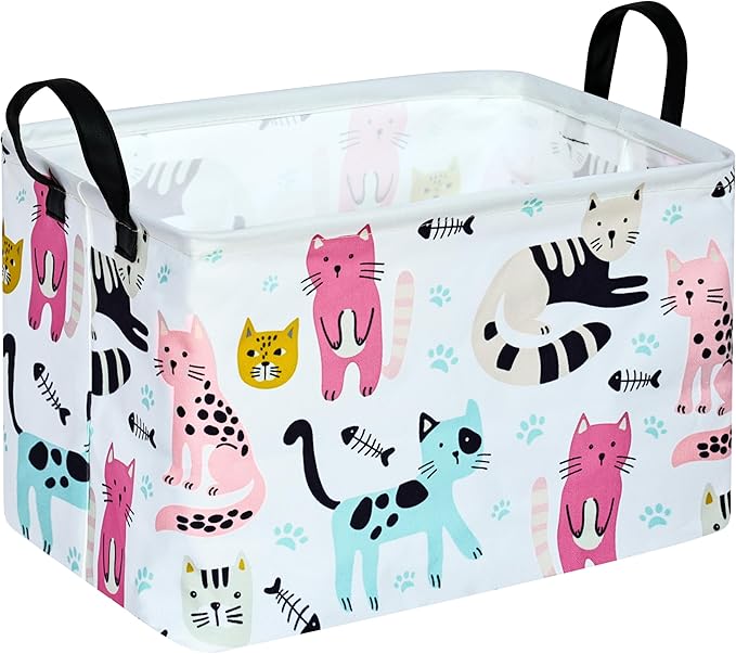 Rectangle Gift Storage Basket Home Shelf Storage Basket Organizer Box Clothes Laundry Hamper Nursery Basket Laundry Basket with Handles (Cat)