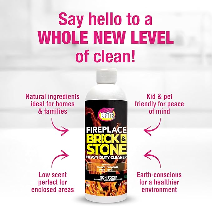 Quick N Brite Fireplace Gel Cleaner with Scrub Brush for Brick, Stone, Rock, Tile, and Marble, Nonabrasive Fireplace Cleaner, Made in the USA, 16 oz