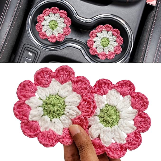 Cotton Car Coasters 2pc Car Cup Coasters Cute car Accessories for Women car Coaster for Cup Holders (Peony Pop)
