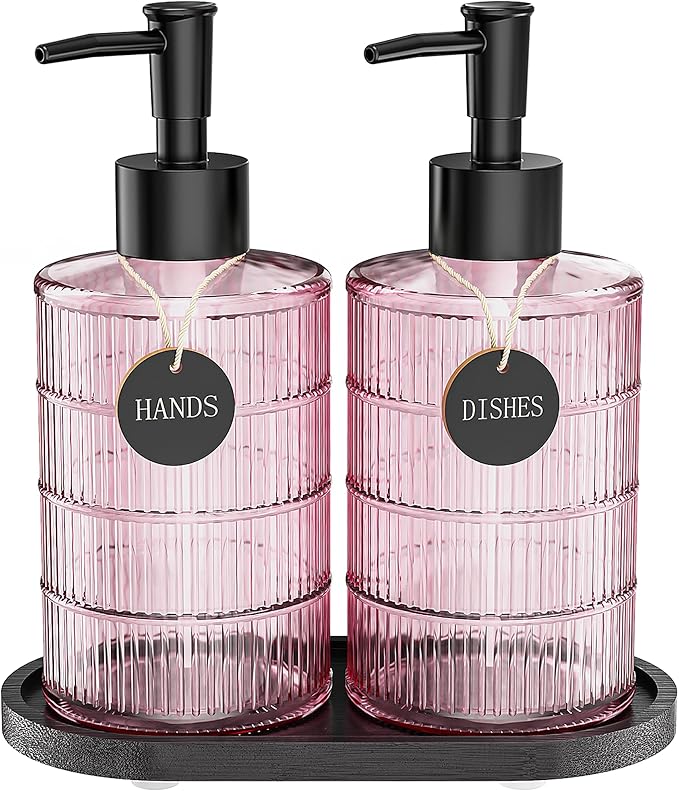 MASADI Soap Dispenser Set with Bamboo Tray, Dish and Hand Soap Lotion Dispenser Set with Wooden Pump for Kitchen and Bathroom Decor for Counter, Modern Vintage Liquid Soap Dispensers (Pink&Black)
