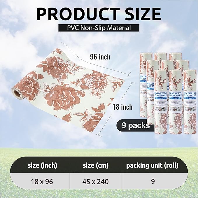 FIFTY FEET 18X96 Inch Shelf Liner for Kitchen Cabinets, PVC Drawer Liner for Dresser Non-Slip Bathroom, Non-Adhesive Cabinet Liner Washable (Red Flower)(9 Roll)
