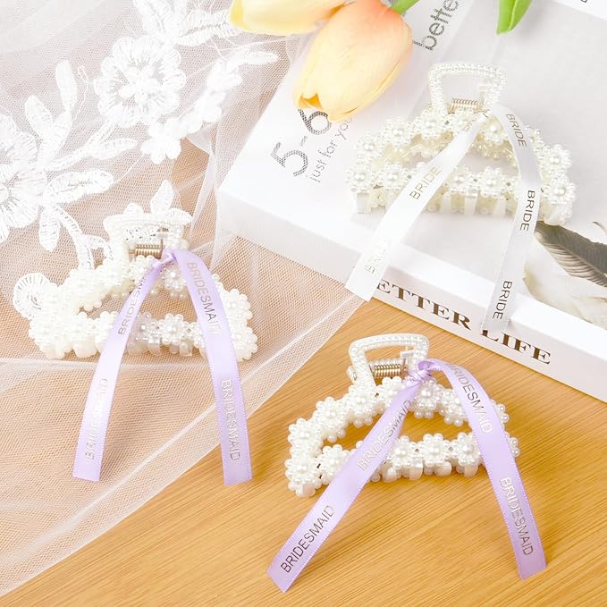 DEEKA Bridesmaid Proposal Gifts 8 Pack Pearl Bridesmaid Hair Claw Clips with Ribbon 3 Inch Hair Clips Bachelorette Party Favors Bridal Party Present Hair Accessories (Half Circle White&Purple)