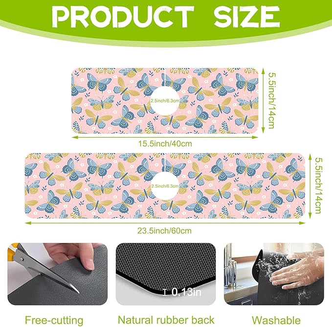 Butterflies and Chamomile Kitchen Sink Splash Guard Faucet Mat Super Absorbent Fast Drying Mat Guard Behind Faucet Drip Catcher for Kitchen Bathroom, 15.5"X5.5"