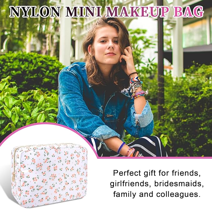 Waterproof Nylon Large Makeup Bag Travel Pouch, Floral Preppy Big Cosmetic Bag Make Up Organizer Toiletry Bag with Zipper, Large Capacity Cute Zipper Pouch Storage Bag for Women Girls(Pink Flower)