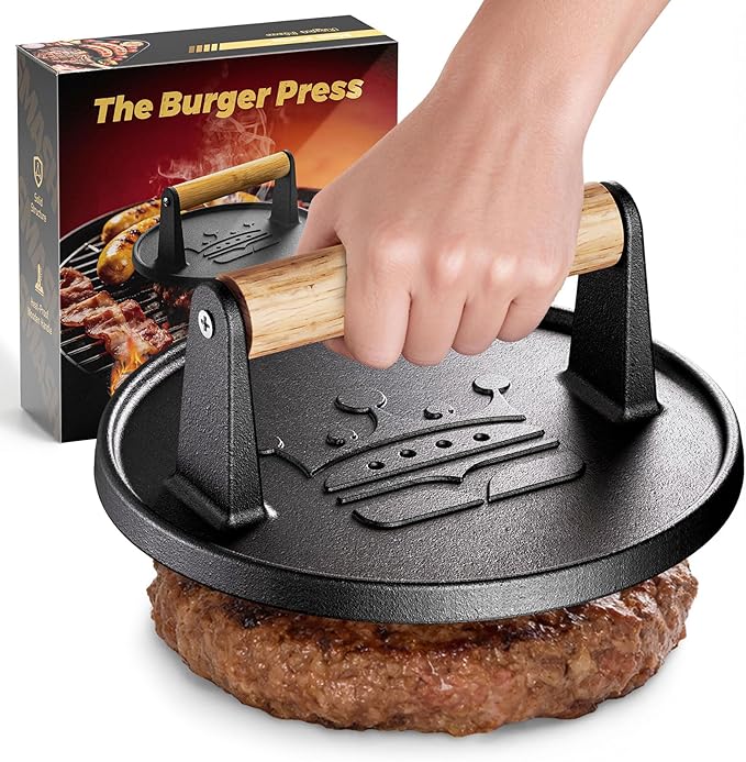 Smash Burger Press 6.5”,Cast Iron Flat Round Edge Grill/Bacon/Meat/Hamburger/Chef Press with Wood Handle,1.74lb hamburger press patty maker for Griddles,Nonstick burger smasher for griddle accessories