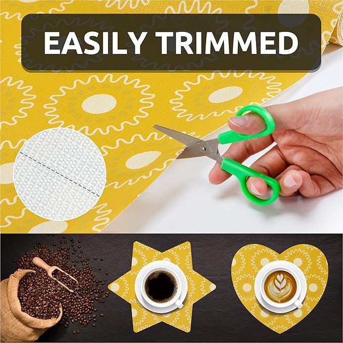 FIFTY FEET 18X96 Inch Shelf Liner for Kitchen Cabinets, PVC Drawer Liner for Dresser Non-Slip Bathroom, Non-Adhesive Cabinet Liner Washable (Yellow Circle)(2 Roll)