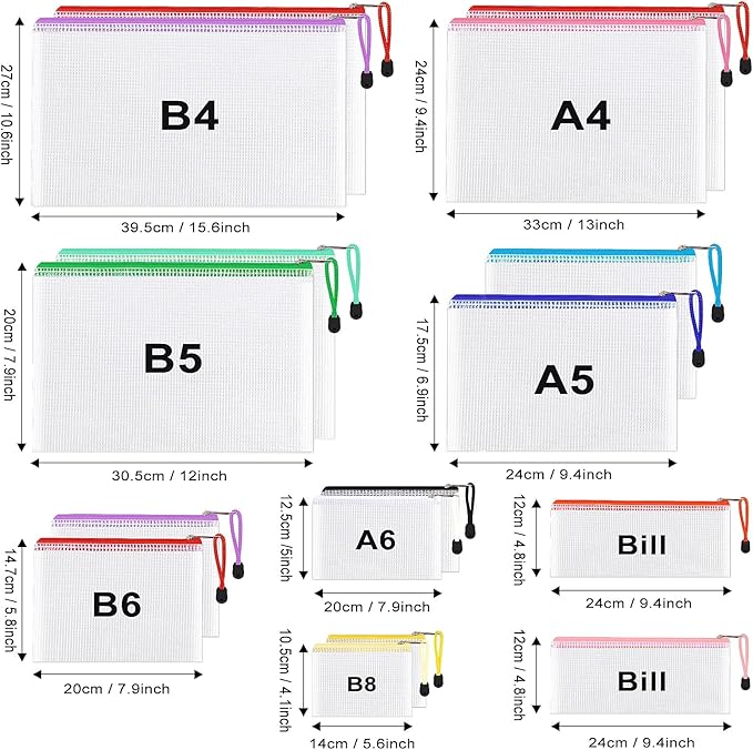 48pcs Mesh Zipper Pouch Bags, 8 Sizes Waterproof Plastic Zipper File Bags, 16 Colors,Multipurpose for Travel Storage, School Supplies, Office Appliances and Home Organizing,Multicolored