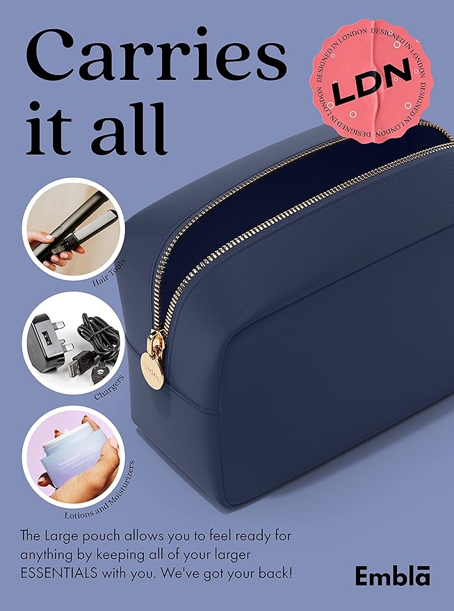 Embla Makeup Bag Travel Cosmetics Pouch and Toiletry Bag, Nylon Zipper Pouch Purse, Cute Make Up Organizer Storage Tote for Women Girls, Travel Skincare Case, Large Makeup Bags, Sapphire