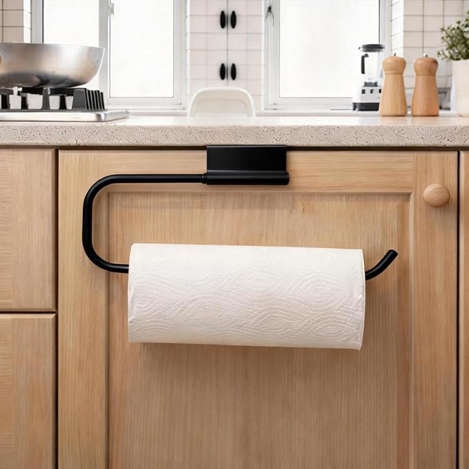 Over Cabinet Door Paper Towel Holder for Kitchen Cabinet Stainless Steel, Under Sink No Drilling Roll Dispenser for RV, Black