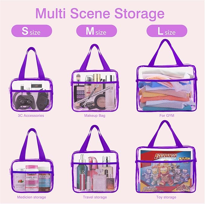 XEWEA Clear Travel Toiletry Bags, 3 Pack TSA Approved Transparent Makeup Bag for Men Women, Large Waterproof PVC Quart Organizer with Zipper for Toiletries Airline Essential,Toy Storage Pouch Purple