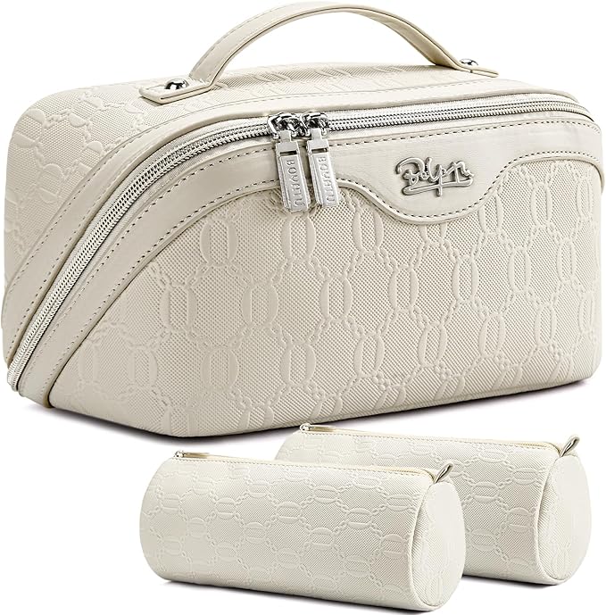 BOYATU Travel Makeup Bag for Women: Cosmetic Organizer Bag with Compartments - Leather Makeup Bags Set of 3 (G-2-White)