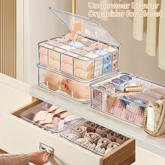 2pcs Sock Underwear Organizer, 16 Compartment Adjustable Dividers Bras Socks Underwear Drawer Organizers for Closet, Clear Plastic Storage Containers Box with Lids for Ties Bra Scarf Socks