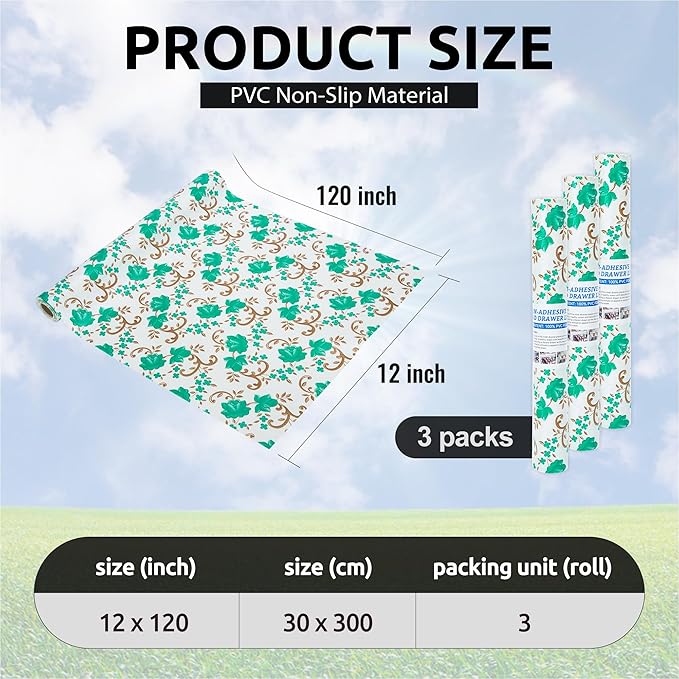 12X120 Inch Shelf Liner for Kitchen Cabinets, PVC Drawer Liner for Dresser Non-Slip Bathroom, Non-Adhesive Cabinet Liner Washable (Green Floral)(3 Roll)