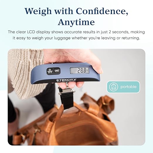 Etekcity Luggage Scale, Travel Essentials, Digital Suitcase Weight Scales for Travel Accessories, Hanging Baggage Scale with Temperature Sensor, Rubber Paint, 110 Pounds, Battery Included, Blue